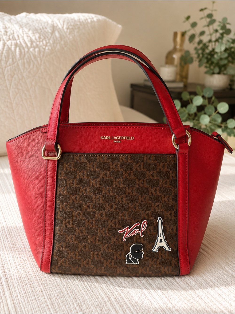 Karl Lagerfeld Red and Brown Monogram Satchel
